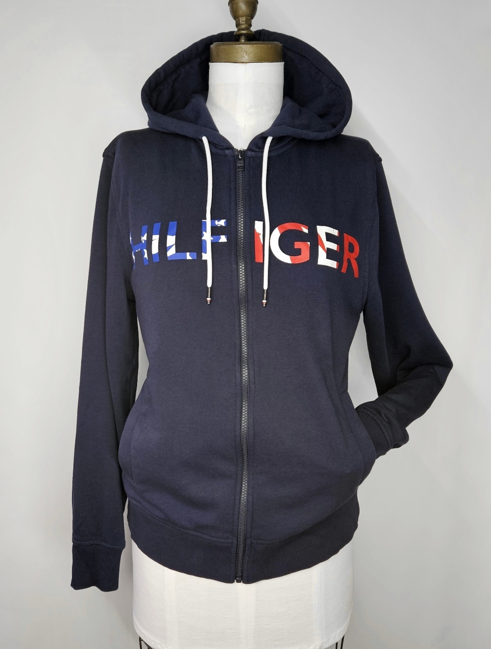 Tommy Hilfiger Size M Hoodie Full Zip Lightweight Terry Navy Blue Graphic Logo